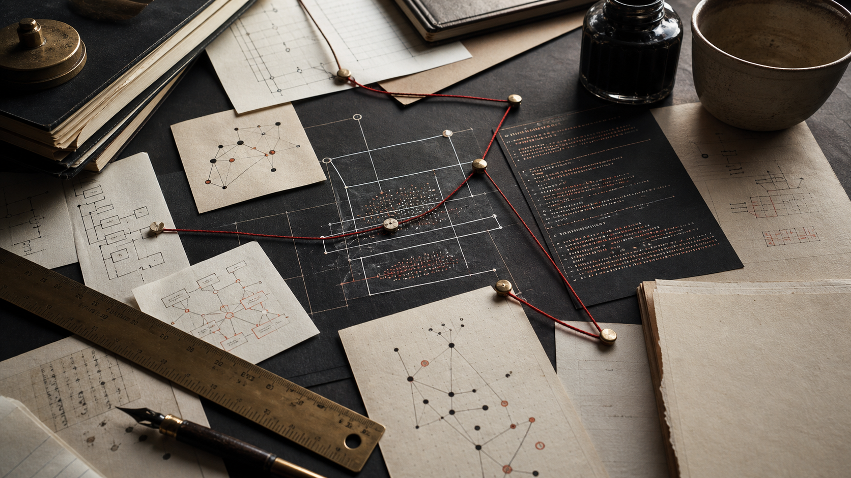 Desk with engineering notes, diagrams, and drafting tools